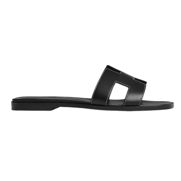 Untitled-design-2025-02-25T005436.654.webp Hermes Oran Sandal Black Calfskin-White Top Stitch Flat Shoes
